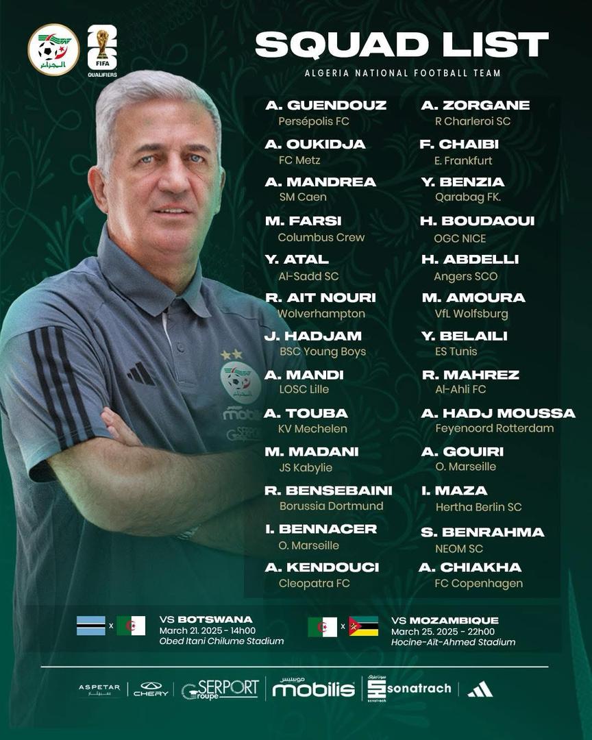 Mondial-2026 (Qualif’s) Algérie: Petkovic dévoile une liste de 26  joueurs, retour de Belaïli